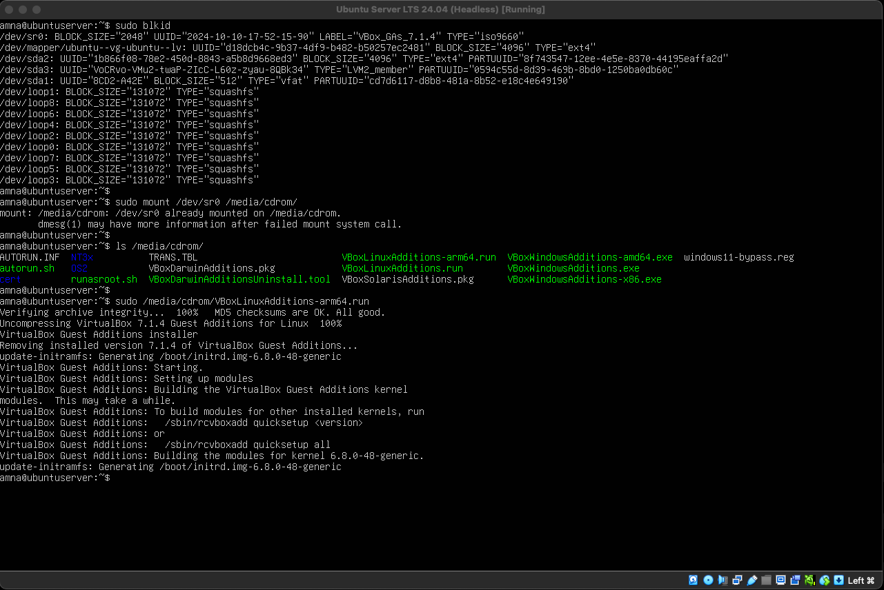 Installing VirtualBox Guest Additions - Ubuntu Server Terminal